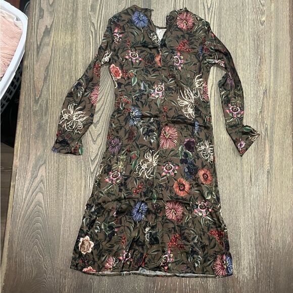 Momoni Midi Dress Long Sleeve Silk Blend Floral Print Tan Multicolor Size 40 - Picture 8 of 10